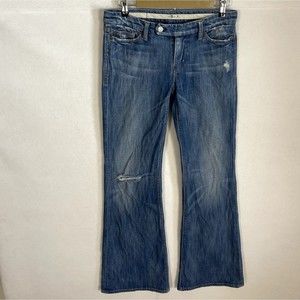 7 For All Mankind Women Size 28 Mid-Rise Flare Stretch Denim Jean Distressed Y2K